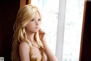 A woman in a blue lingerie standing on a window sill.