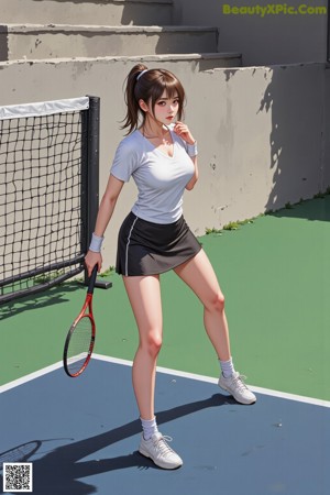 A woman in a green and white outfit holding a tennis racket.