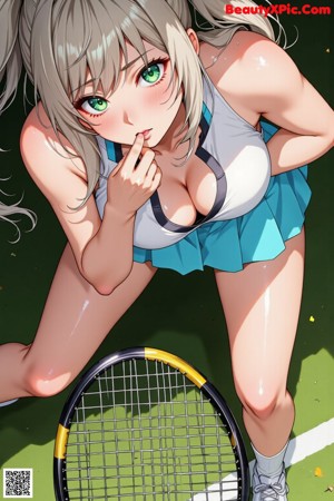 A woman in a green and white outfit holding a tennis racket.