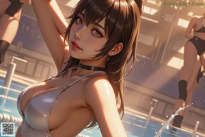 A woman in a bikini sitting in a swimming pool.