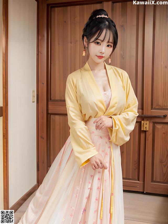 A woman in a yellow and pink dress posing for a picture.