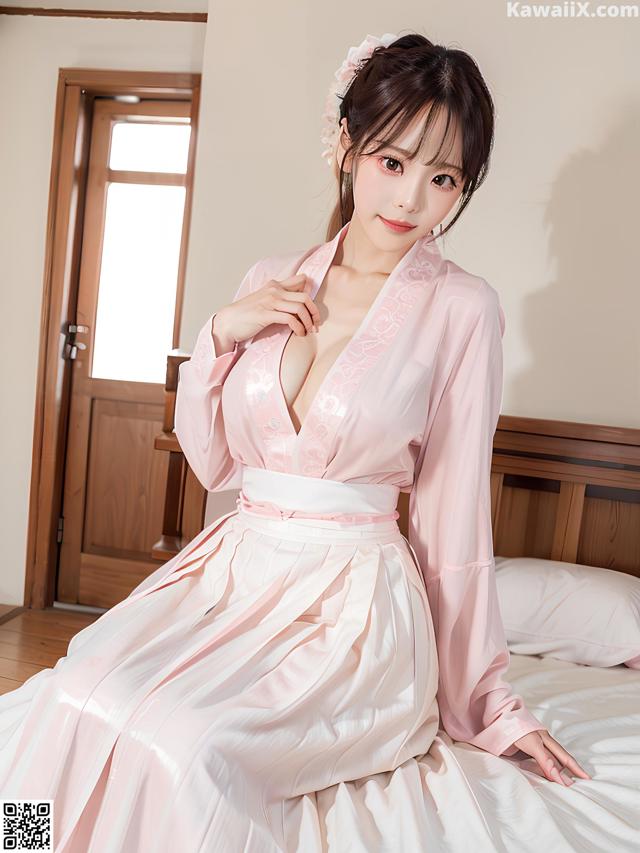 A woman in a pink robe sitting on a bed.