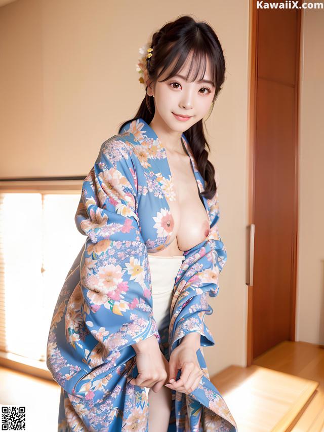 A woman in a blue kimono posing for the camera.