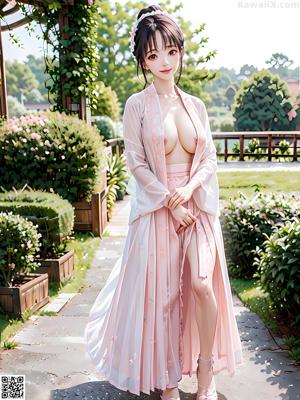 A woman in a blue kimono sitting on a rock by a pond.