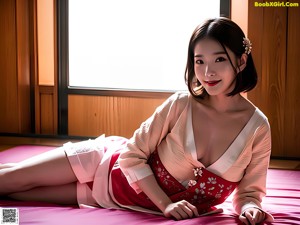 A woman in a white and blue hanbok is posing for a picture.