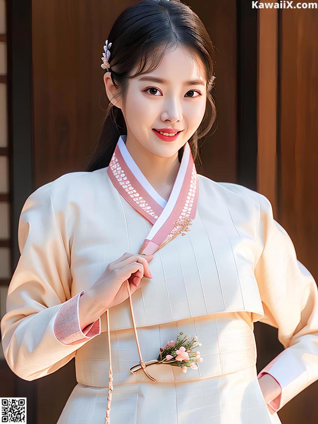 A woman wearing a white hanbok with a pink sash.