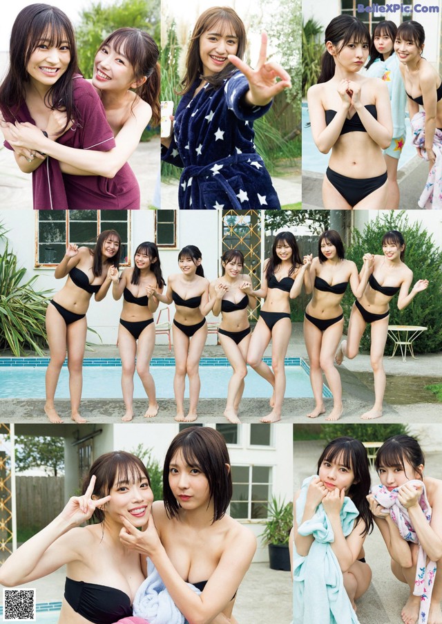 A group of women in bikinis posing by a swimming pool.