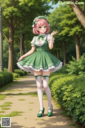A woman in a green and white dress posing for a picture.