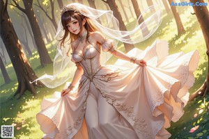 A woman in a wedding dress standing in the woods.