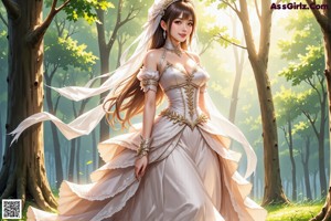 A woman in a wedding dress standing in the woods.