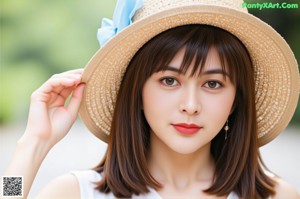 A woman in a white dress and hat standing on a road.