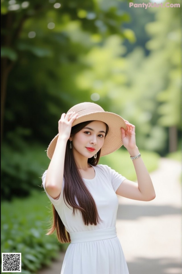 A woman in a white dress and a straw hat.