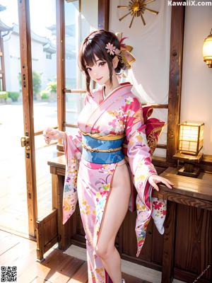 A woman in a blue kimono standing on a bed.