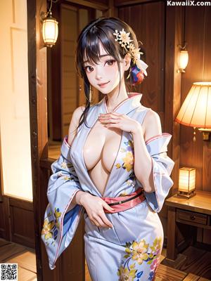 A woman in a kimono sitting on a wooden bench.
