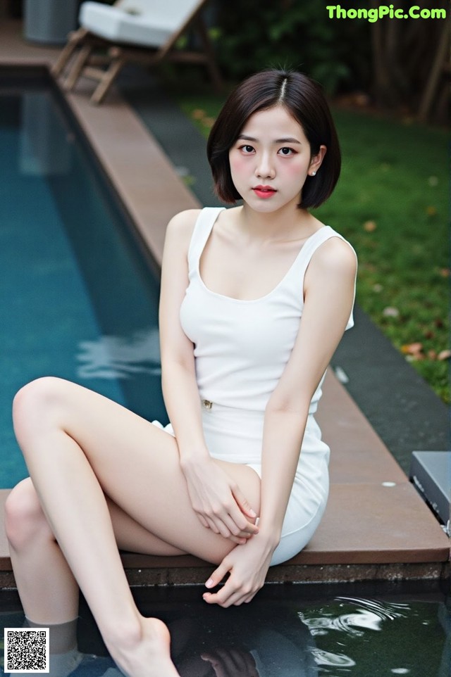 A woman in a white dress sitting by a pool.