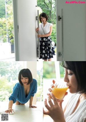 A woman in a floral bikini is washing her hands in the kitchen.