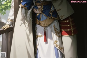 A woman in a blue and white outfit holding a sword.