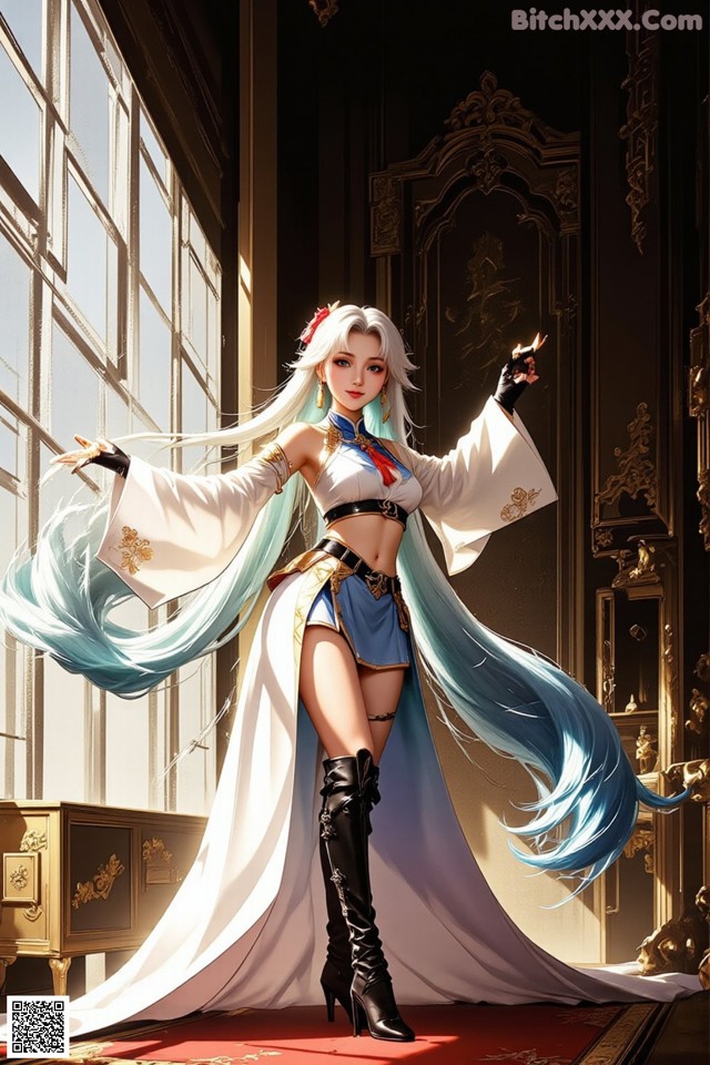 Hentai - Exotic Allure of the Untamed Lands Set.2 20250125 Part 12 No.4f366a A woman in a white and blue outfit standing in front of a window.
