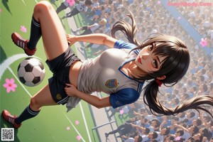 A girl in a blue shirt and red shorts holding a soccer ball.