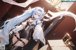 A woman with long blue hair is walking down the street.
