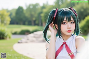 A woman with long green hair wearing a white shirt and black skirt.