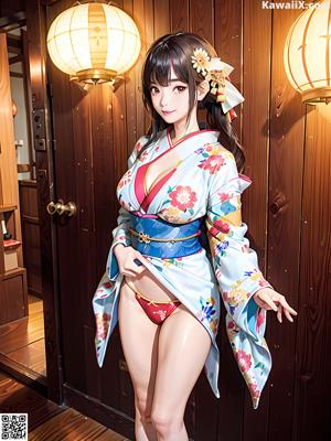 A woman in a kimono sitting on a wooden bench.