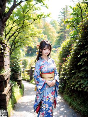 A woman in a blue kimono standing in a room.