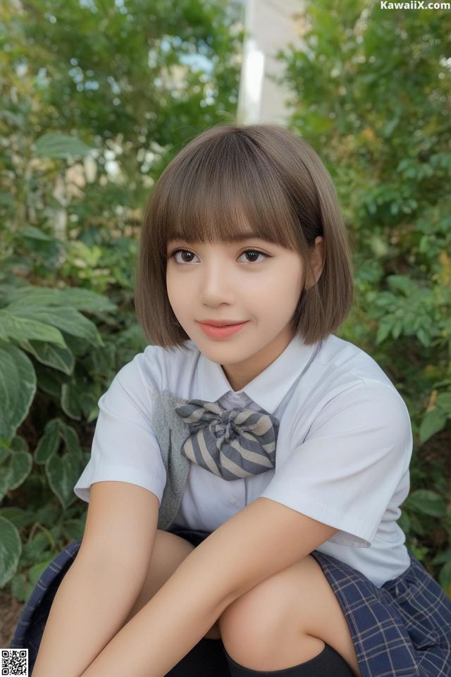 A young woman in a school uniform sitting on the ground.