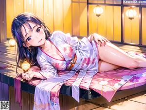 A woman in a kimono sitting on a bed talking on a cell phone.