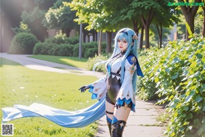 A woman with blue hair wearing a corset and a headband.