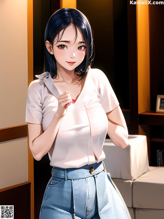 A woman in a white shirt and blue skirt posing for a picture.