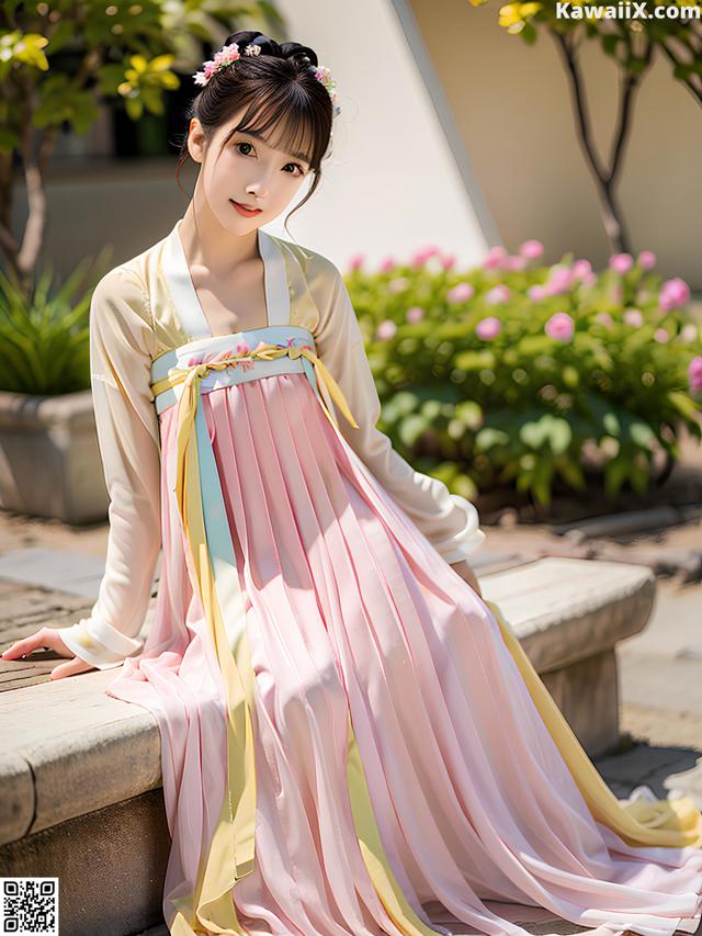 A woman in a pink and yellow dress sitting on a bench.