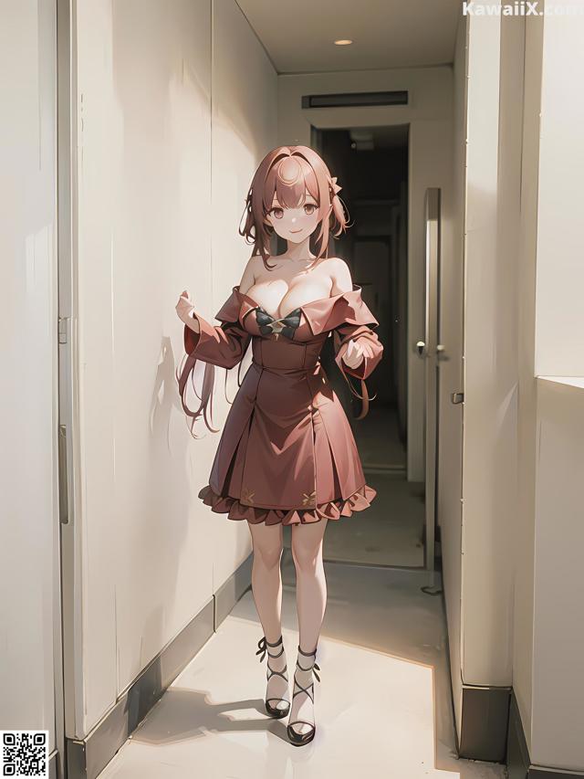 A woman in a brown dress standing in a hallway.