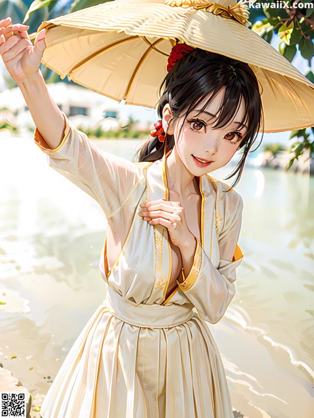 A woman in a white dress holding an umbrella.