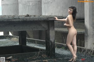 A naked woman leaning against a brick wall.