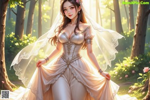 A woman in a wedding dress standing in the woods.