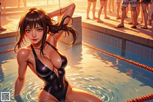 A woman in a black bikini sitting next to a swimming pool.