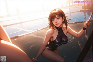 A woman in a black bikini sitting in a pool.