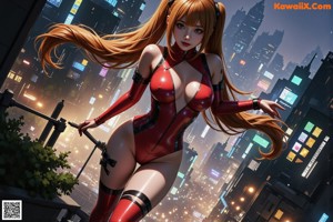 A woman in a red and white bodysuit standing in the middle of a city.