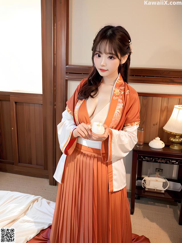 A woman in an orange and white kimono holding a cup of tea.