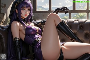 A woman with long purple hair wearing a black lingerie.