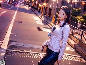 A woman in a school uniform standing next to a bicycle.