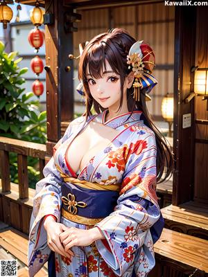 A naked woman in a kimono sitting on a wooden floor.