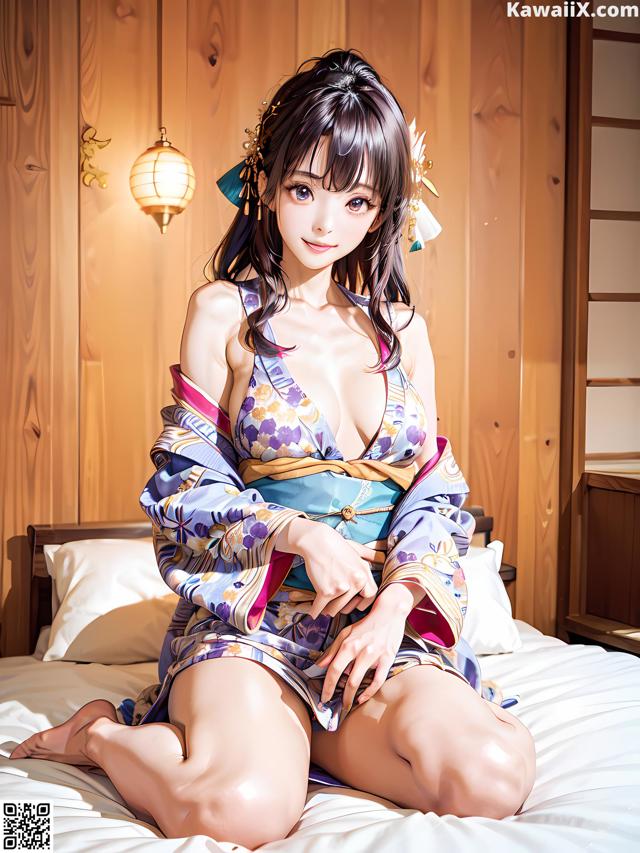 A woman in a kimono sitting on a bed.