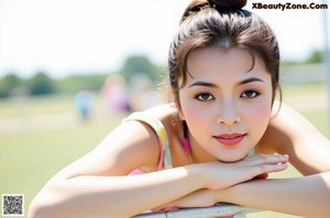 A woman with long brown hair is posing for the camera.