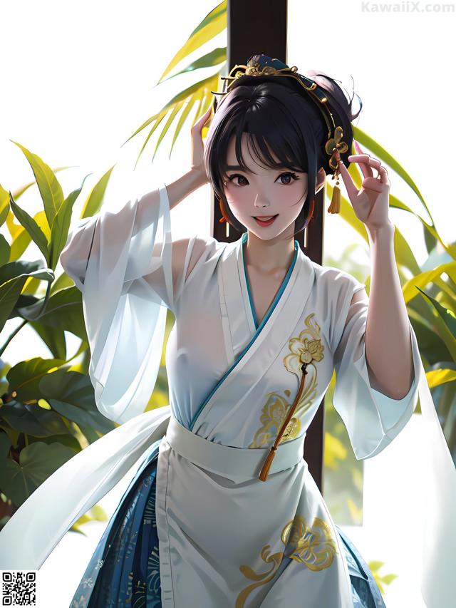 A woman in a blue and white kimono standing in front of a window.