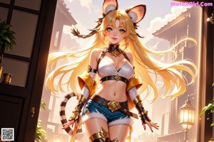 A woman in a bikini with a cat ears on her head.