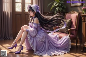 a woman in a purple dress standing in front of a window