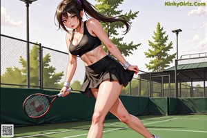 A woman holding a tennis racket on a tennis court.