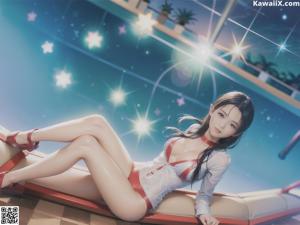 A woman in a white bikini sitting on a couch.